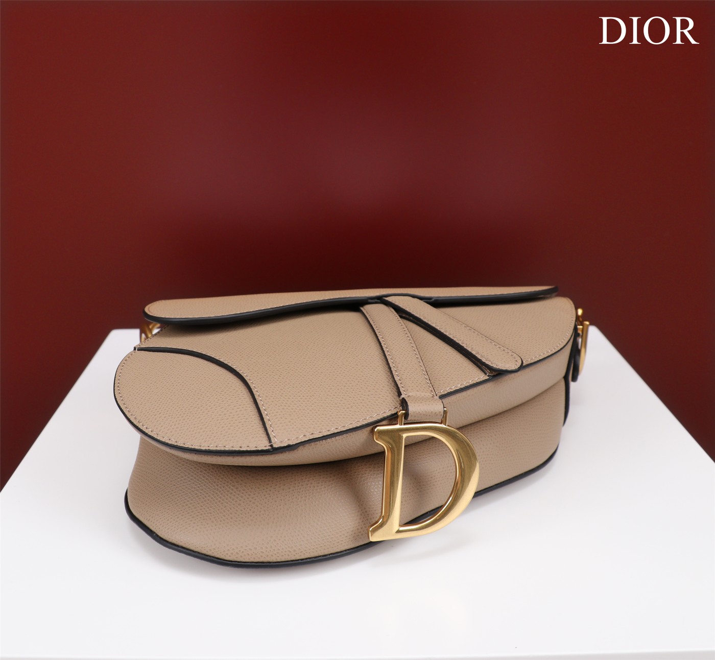 Saddle Bag with Strap Powder Beige Grained Calfskin